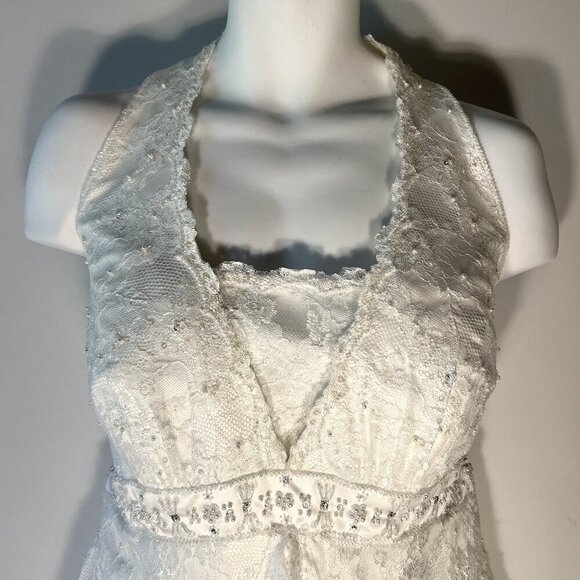 David's Bridal SZ 22 Ivory Lace Halter Cut Empire Waist Wedding Gown Romantic - Picture 5 of 13